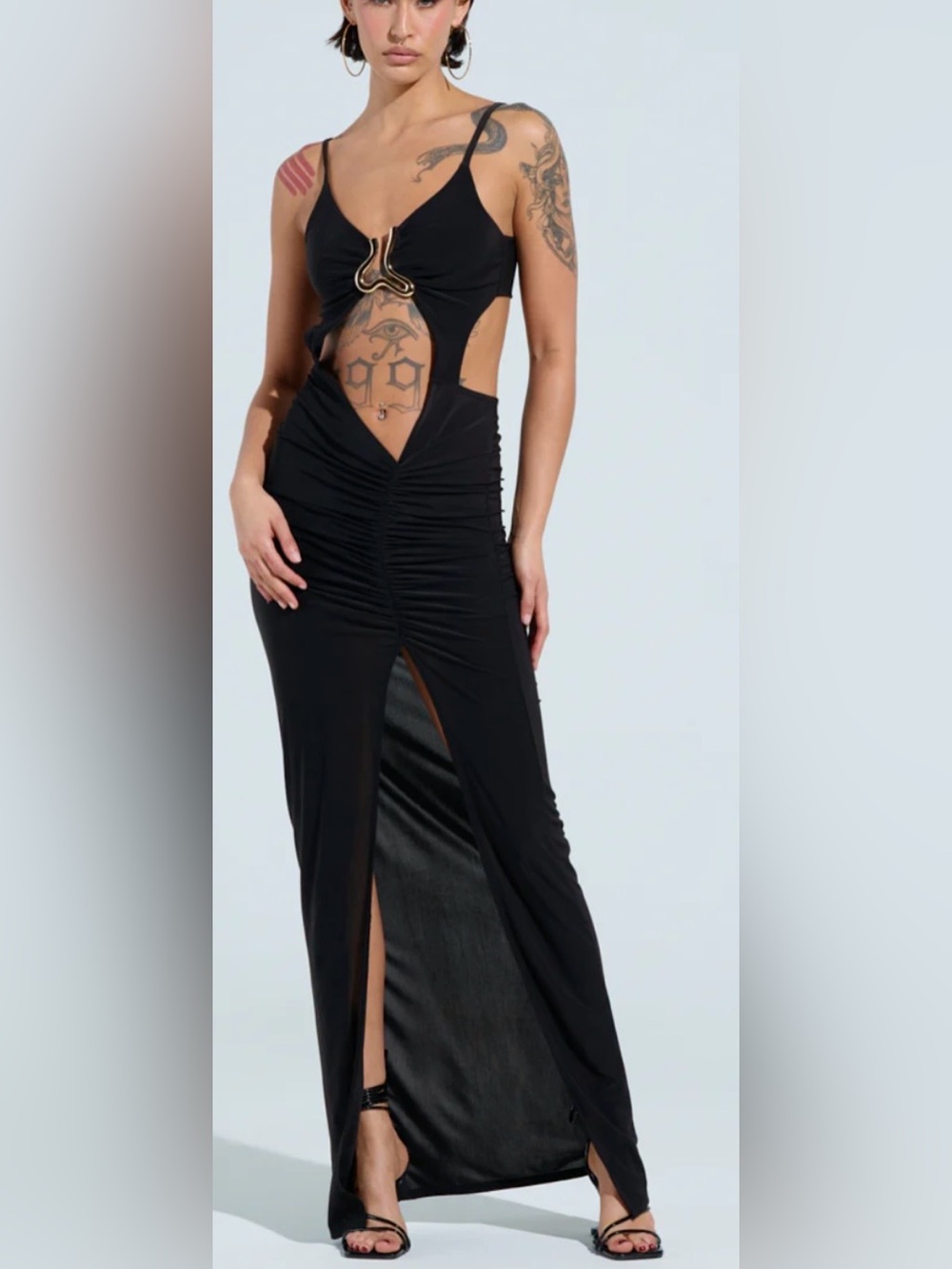 NWT AKIRA Black slinky Cutout Maxi Dress with Ring Detail  size L